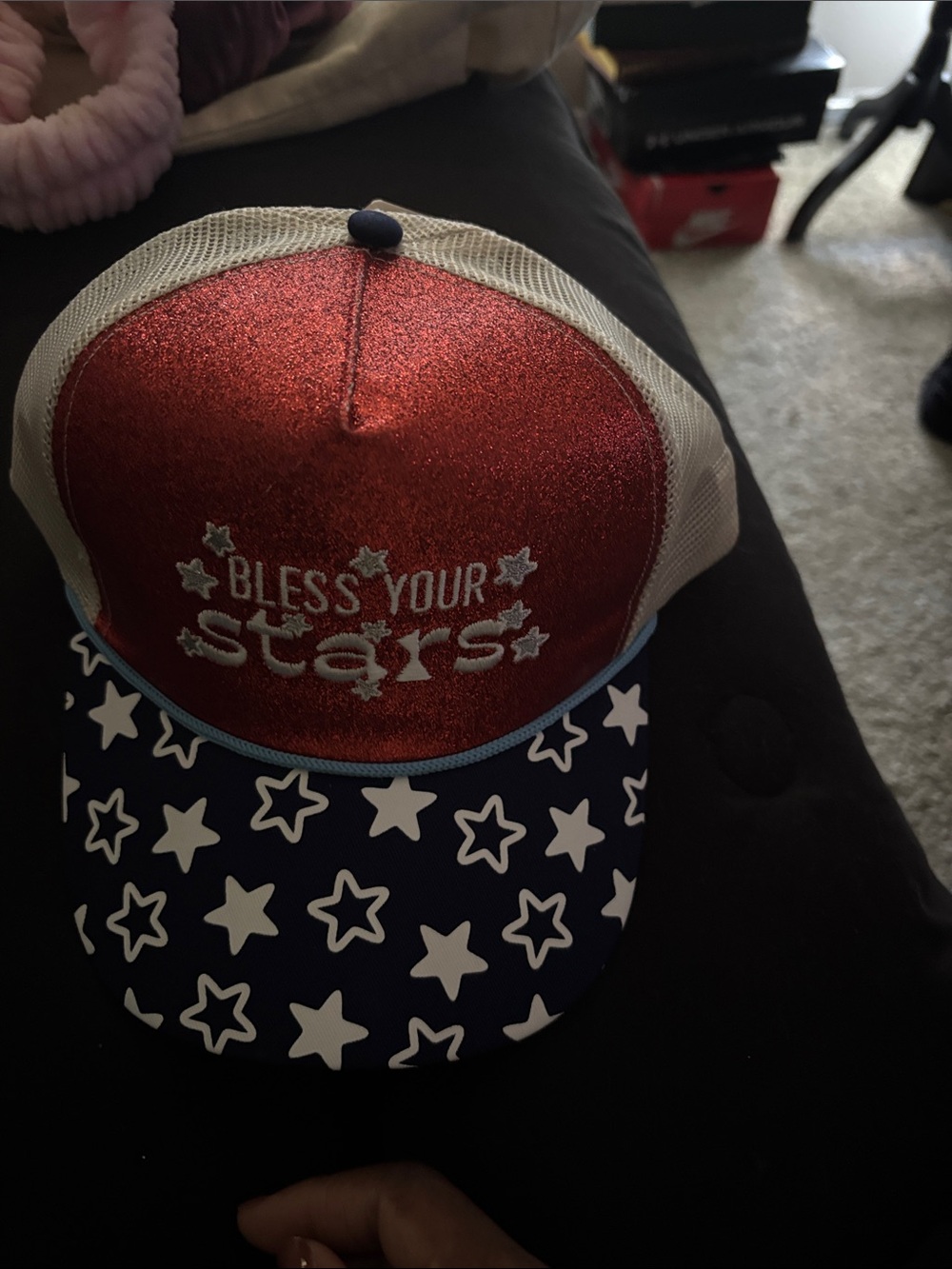 New Patriotic Red Glitter 'Bless Your Stars' Trucker Hat with Navy Star Brim